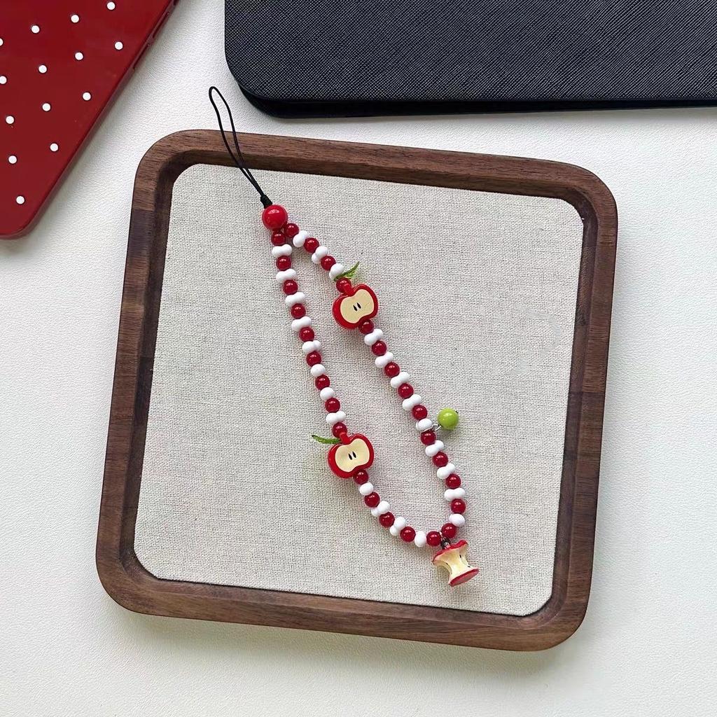 1Pcs Phone Strap Lanyard With Fruit Charms Pendant Cute Kawaii White Red Bead Handmade Cases For Airpods Earphones Ins