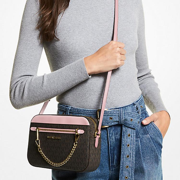 Michael Kors Mk Jet Set Monogramma Logo Catena PVC Pelle Borsa a Tracolla da Fotocamera Donna Rosa Quercia-Marrone 35S1GTTC9B-POWDER-BLUSH