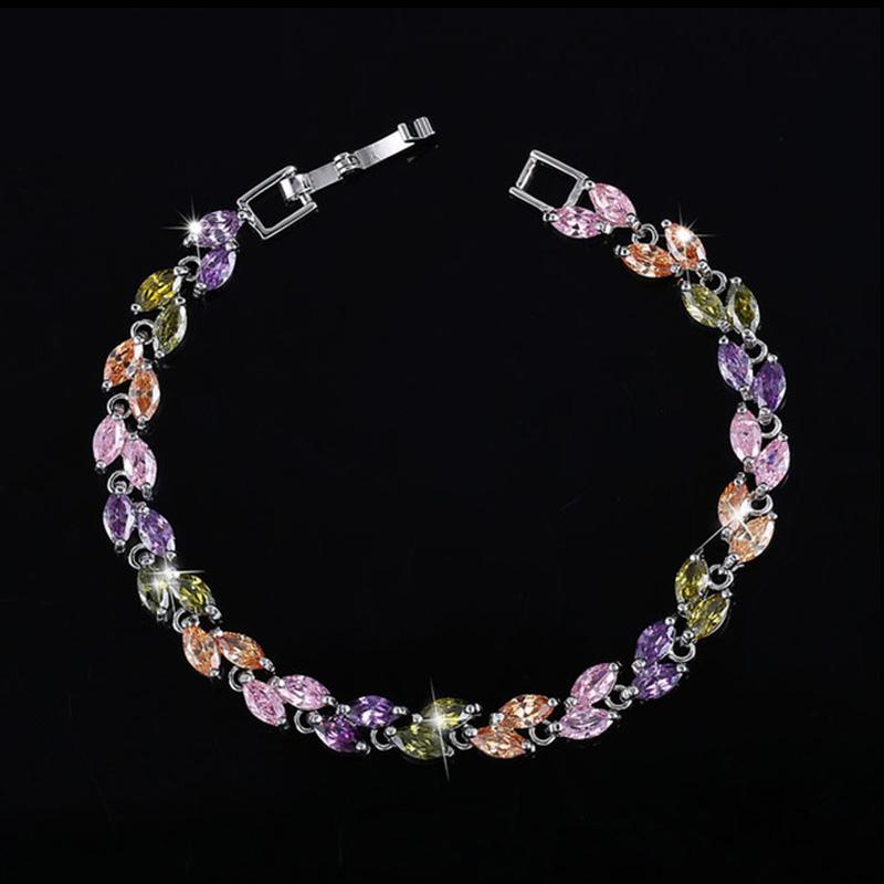 

Pera Fashion Royal Jewelry Silver Color Elegant Leaf Shape Dark Blue Cubic Zirconia Stone Chain Link Bracelets for Women B005 різнокольоровий