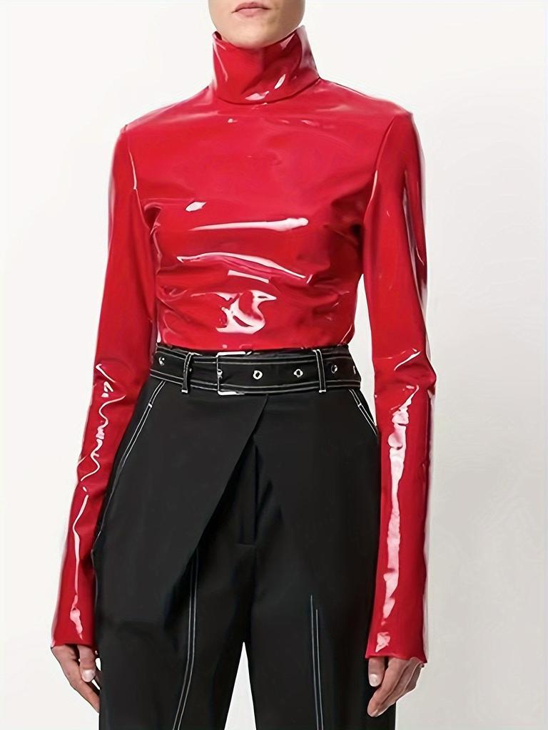 Women's European & American Mirror Leather Nightclub Zipper T-Shirt