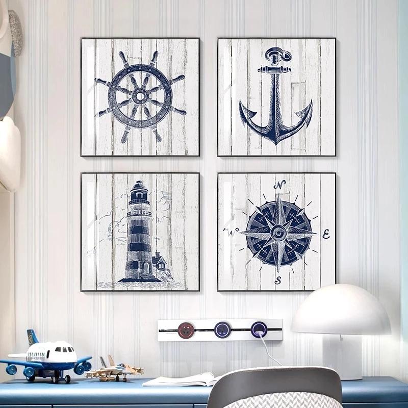 Nautical Nursery Wall Art Oil Painting Navy Canvas Painting Mediterranean Boy Room Home Decoration Anchor Compass Lighthouse