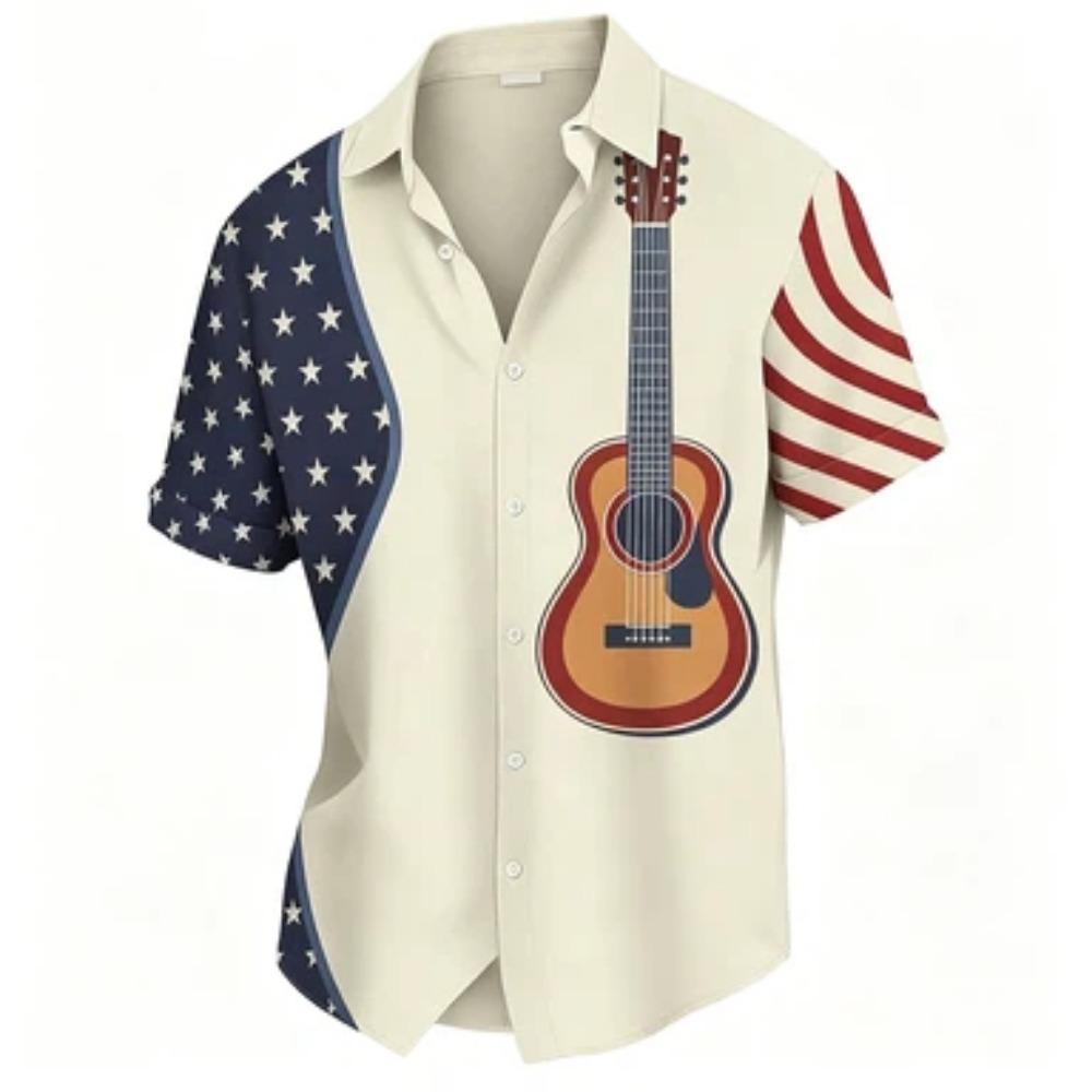 Herren Hemd mit Gitarren-Noten-Print, lässiges Kurzarm-Hemd mit Knöpfen, Sommer Oberteile mit Tasche