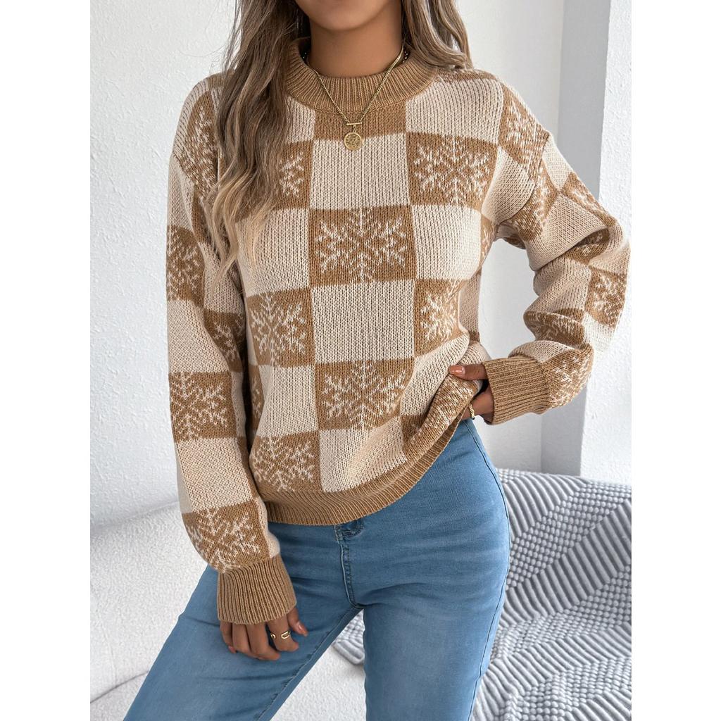 Autumn Winter Snowflake Checkered Knitted Sweaters Lantern Pullover Sweater Women's Christmas Sweater