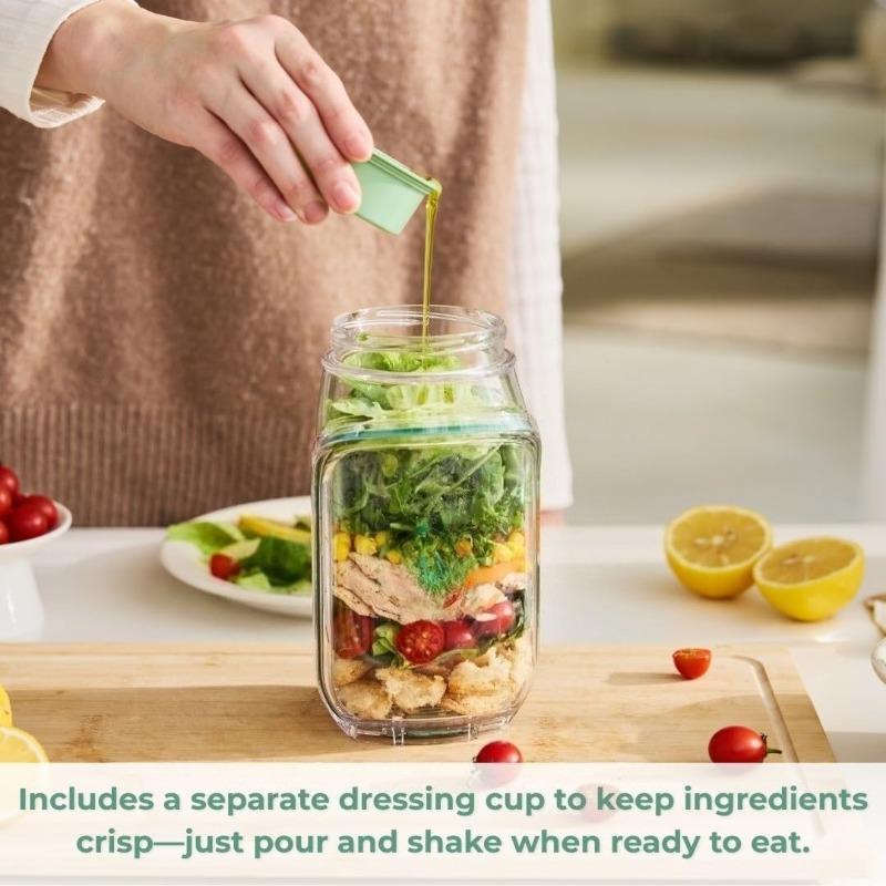 Portable Salad Pod, Salad Jar ,Mason Jar Salad Container with Side Opening,Sauce Compartments Dressing Bowl Microwave-Safe