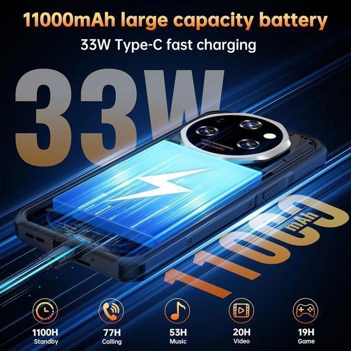 Smartphone Robuste OUKITEL WP55 Pro 5G 48Go+512Go 108MP Téléphone Incassable 11000mAh 6.6" FHD+ 120Hz Android 15 Dual SIM/NFC Noir