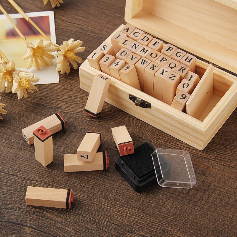 Ming Dynasty-Inspired Seal Set: 36 Ink Pad Wooden Stamps with Letter and Number Typewriter Designs