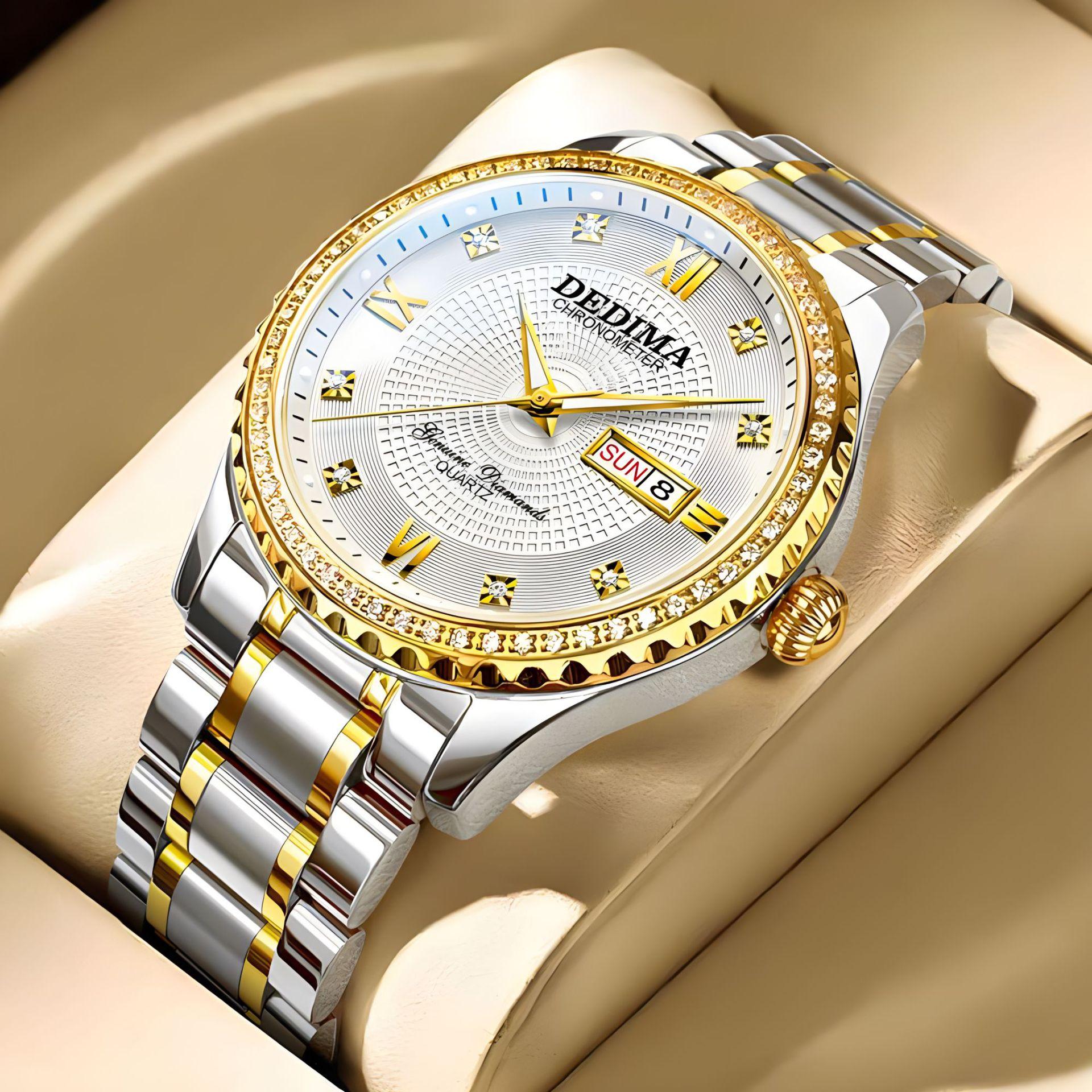 

Высококачественные роскошные деловые часы с бриллиантами, полностью золотые, с двойным календарем, с пряжкой-бабочкой из нержавеющей стали, мужские водонепроницаемые светящиеся кварцевые часы