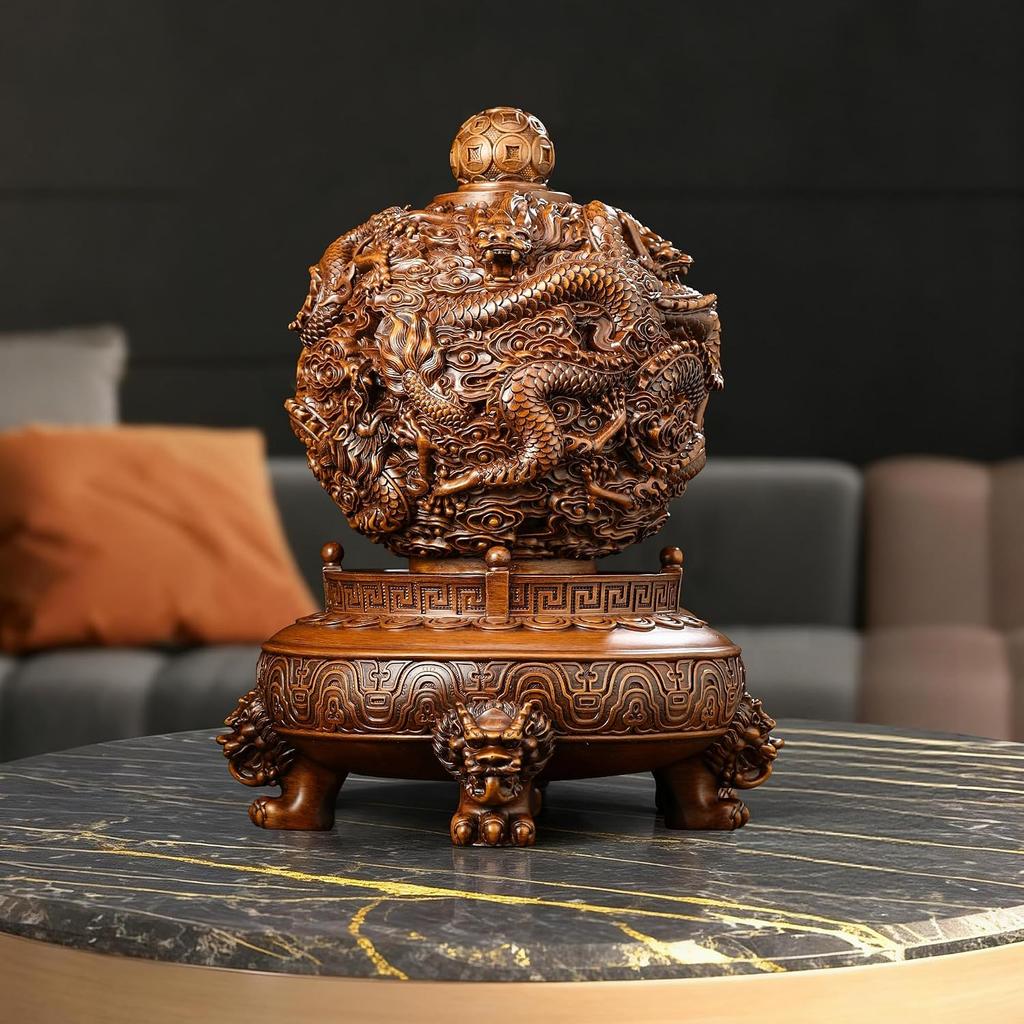 Aris & Juno 360° Rotating Nine Dragon Turn Qiankun, Feng Shui Resin Sculpture for Wealth & Protection, Lucky Charm for Home & Office Décor