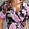 Women's Dresses Printed V-Neck Waisted Mid-Length Short Sleeve Dresses