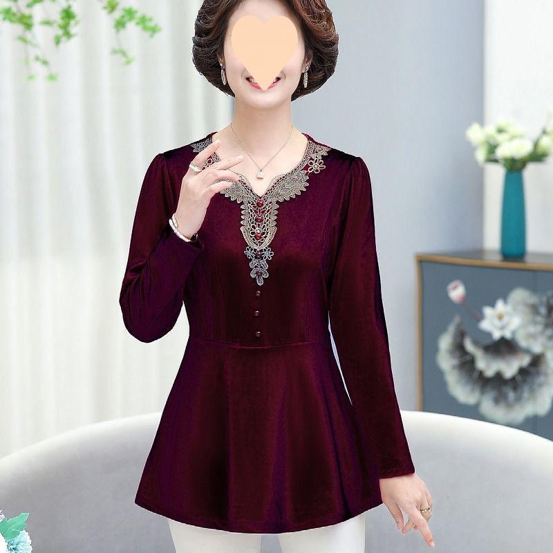 

Осенний бархатный базовый слой, одежда для мамы среднего возраста, весенняя рубашка с длинным рукавом, женский облегающий топ 4XL бордовый