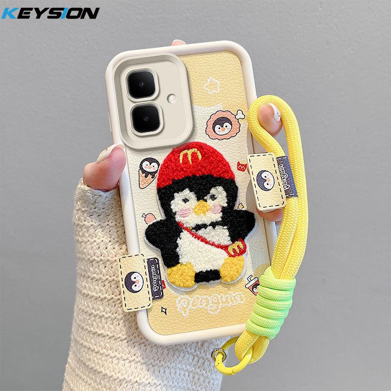 KEYSION Cartoon Cute Plush Embroidery Case for Infinix Smart 10 with Lanyard Silicone Shockproof Phone Cover for Infinix Smart 10