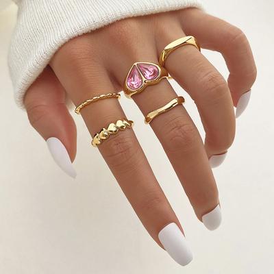 2023 Pink Gemstone Drip Oil Ring Elegant Gold Luxury Love Shine Glamour Women Summer Simple Accessory Ring Peplum Ring Set