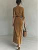 2025 Autumn Women's Suede Belted Lapel Dress - Elegant & Fashionable, Single-Breasted Long Style