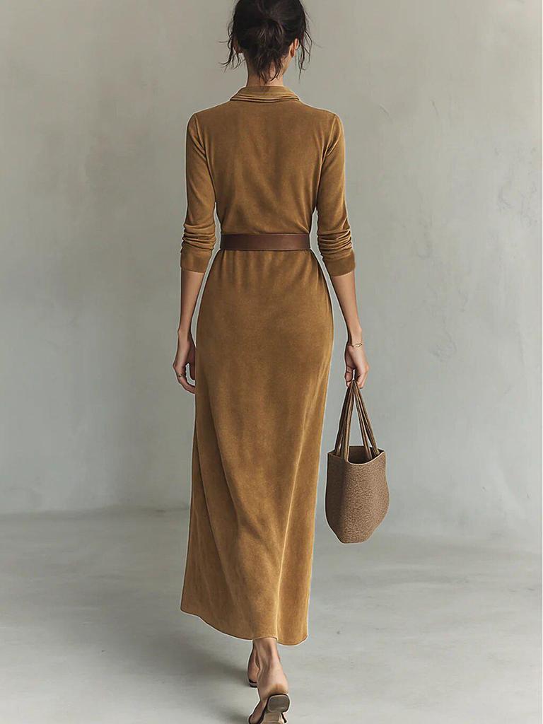 2025 Autumn Women's Suede Belted Lapel Dress - Elegant & Fashionable, Single-Breasted Long Style