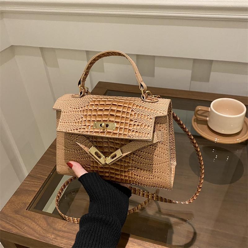 New Fashion Crocodile Embossed Faux Leather Shoulder Bag for Women Vintage Lock Square Crossbody Purse