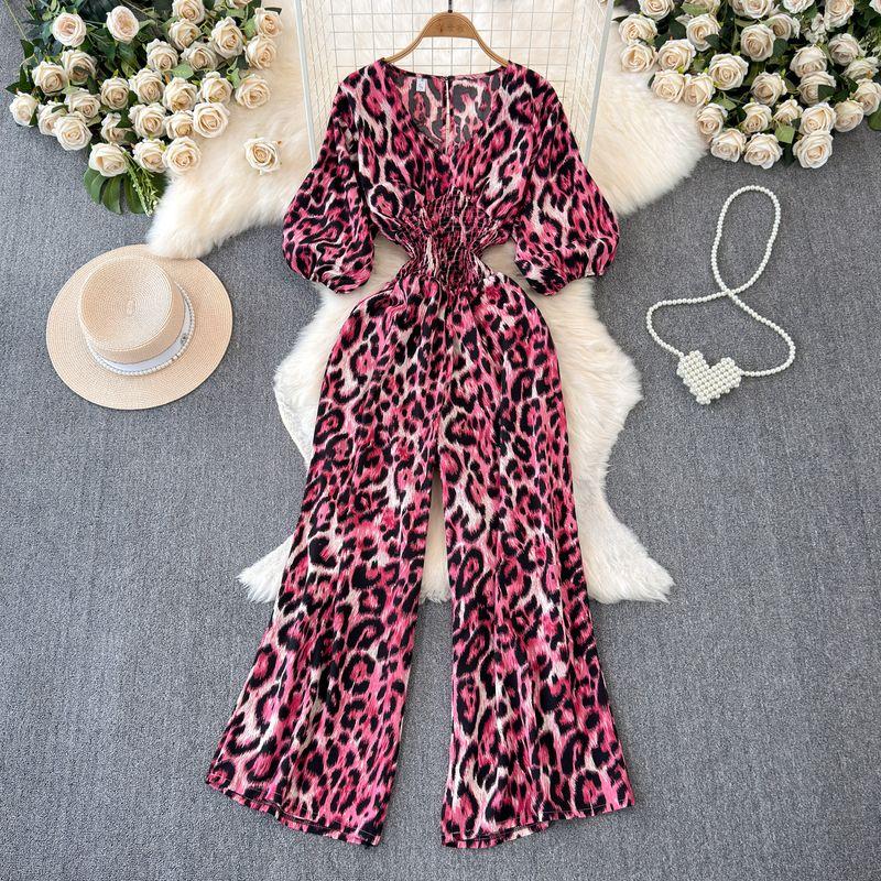 

Sexy V-neck Batwing Sleeve Waist-Tight Slim Looking Leopard Print Print Jumpsuit Fashion Elegant Wide Leg Pants Jumpsuit for Women Rose Red One size