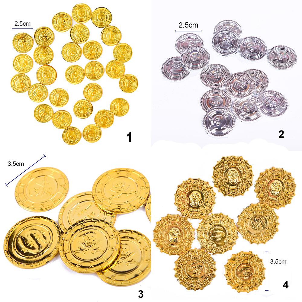 50pcs/pack New Skull Pirate Gold Coins Game Coin Prop Happy Halloween Event Party Decorations Favors Treasure Coins Fake Plastic
