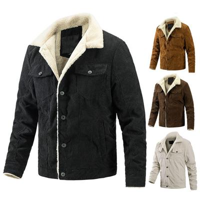 Men Winter Coat Thickened Warm Corduroy Vintage Lapel Pockets Single-breasted Long Sleeve Slim Fit Solid Color Men Winter Jacket