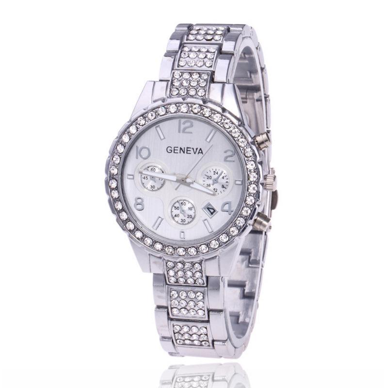Geneva Steel Band Diamond Men's Watch with Three Dials and Calendar - Women's Quartz Model Available