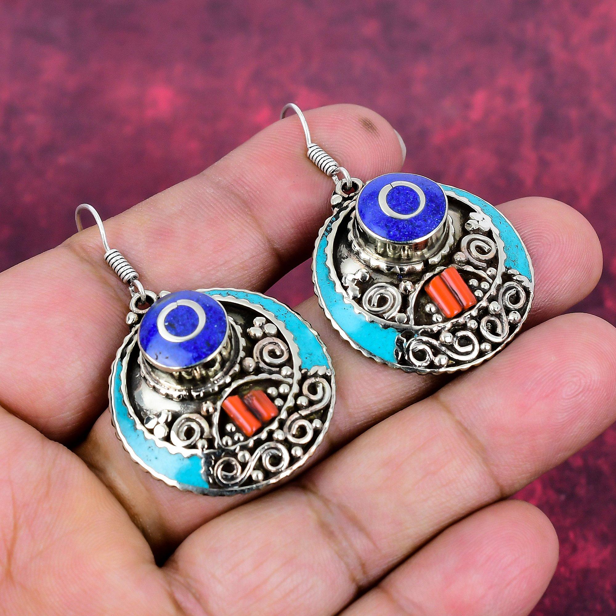 

Серьги с бирюзой, лазуритом и кораллом, Ювелирные изделия из стерлингового серебра 925 пробы, Серьги ручной работы, На День благодарения 1.89 Inches