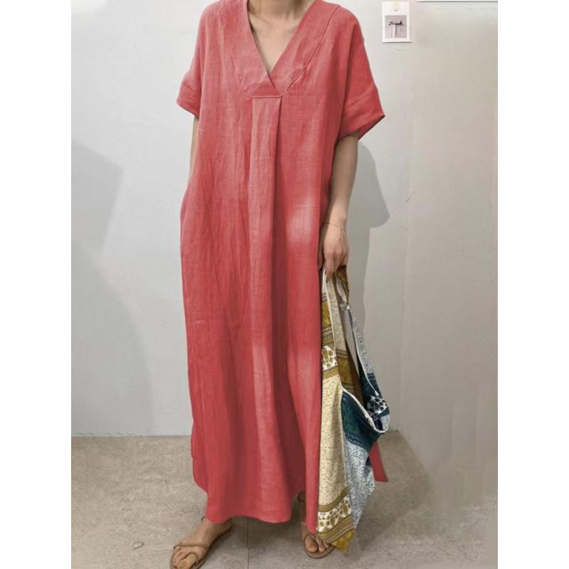 

New Women S Clothing: Casual Short-Sleeve V-Neck Solid Color Multi-Color Women S Long Dress S красный