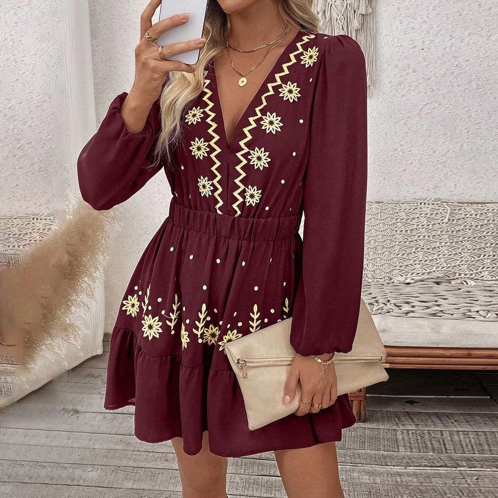 Women's Fashionable Casual Embroidered Deep V-Neck Long-Sleeved Dress