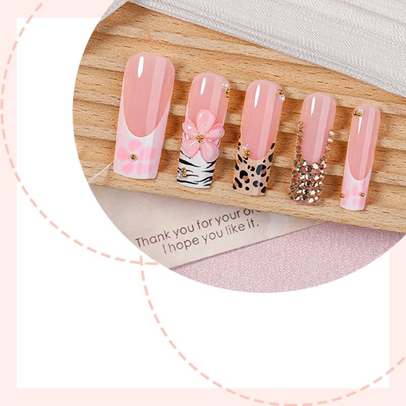 Cross-border Manicure Wearing Nail European and American Long Leopard Print French Wholesale Pink Fake Nail Bow Removable Explosion