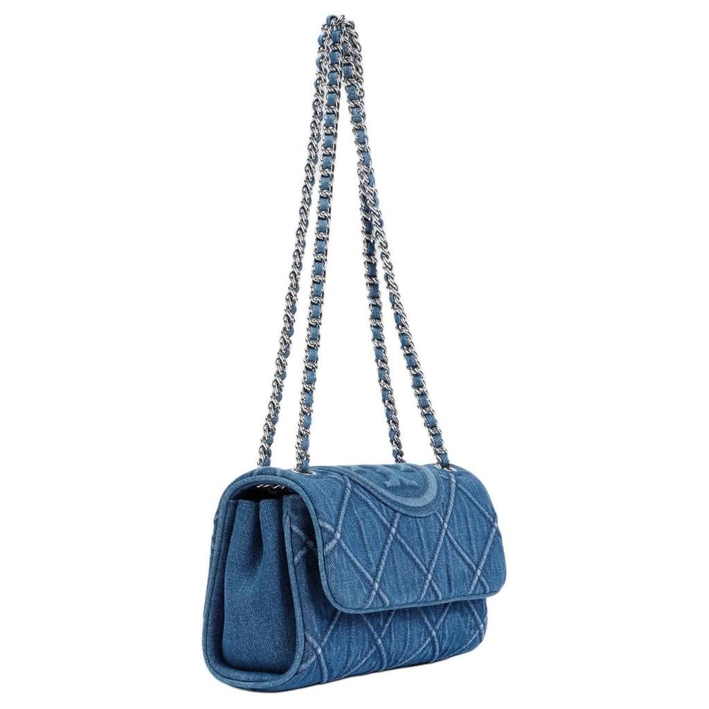 Tory Burch Fleming Diamond Pleated Embossed Double T Logo Fabric Crossbody Shoulder Bag Small Women Bags Denim-Blue 154739-426