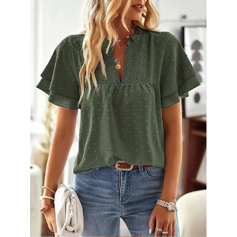 Elegant Resort-Style Deep V Lace Short-Sleeve Women's Blouse 2026 Spring/Summer