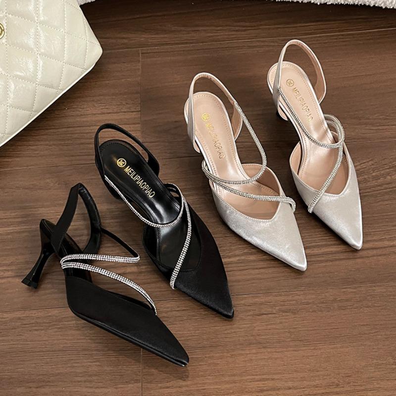 Celebrity sexy bag head sandals women s 2026 spring new pointed thin strap satin pointed rhinestone thin heel high heels 34