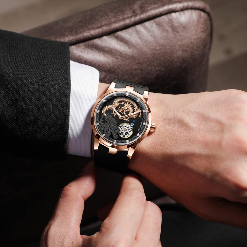 Zegarek HAOFA Zegarek Carcel Mechaniczny Nakręcany Ręcznie Tarcza 3D Złoty Smok Diamentowy Zegarek Wodoodporny Pasek Gumowy Luksusowy Prezent Dla Dżentelmena Męski
