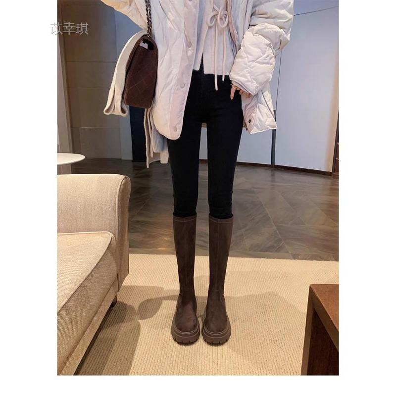 

Коровья кожа~ Сапоги Женские на толстой подошве Маленькие облегающие сапоги-рыцари Эластичная замша Сапоги выше колена 40