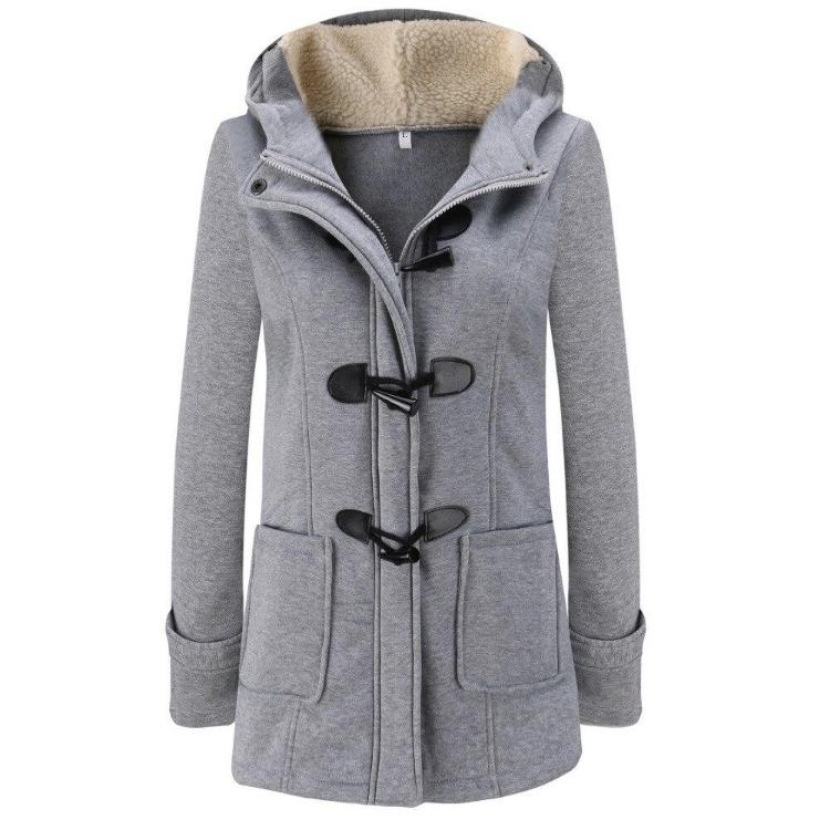 Manteau d'hiver chaud à capuche en polaire Automne Femme Élégant Long Mince Vestes Manteau Vêtements d'extérieur Boutons en corne Poches Mode Décontracté