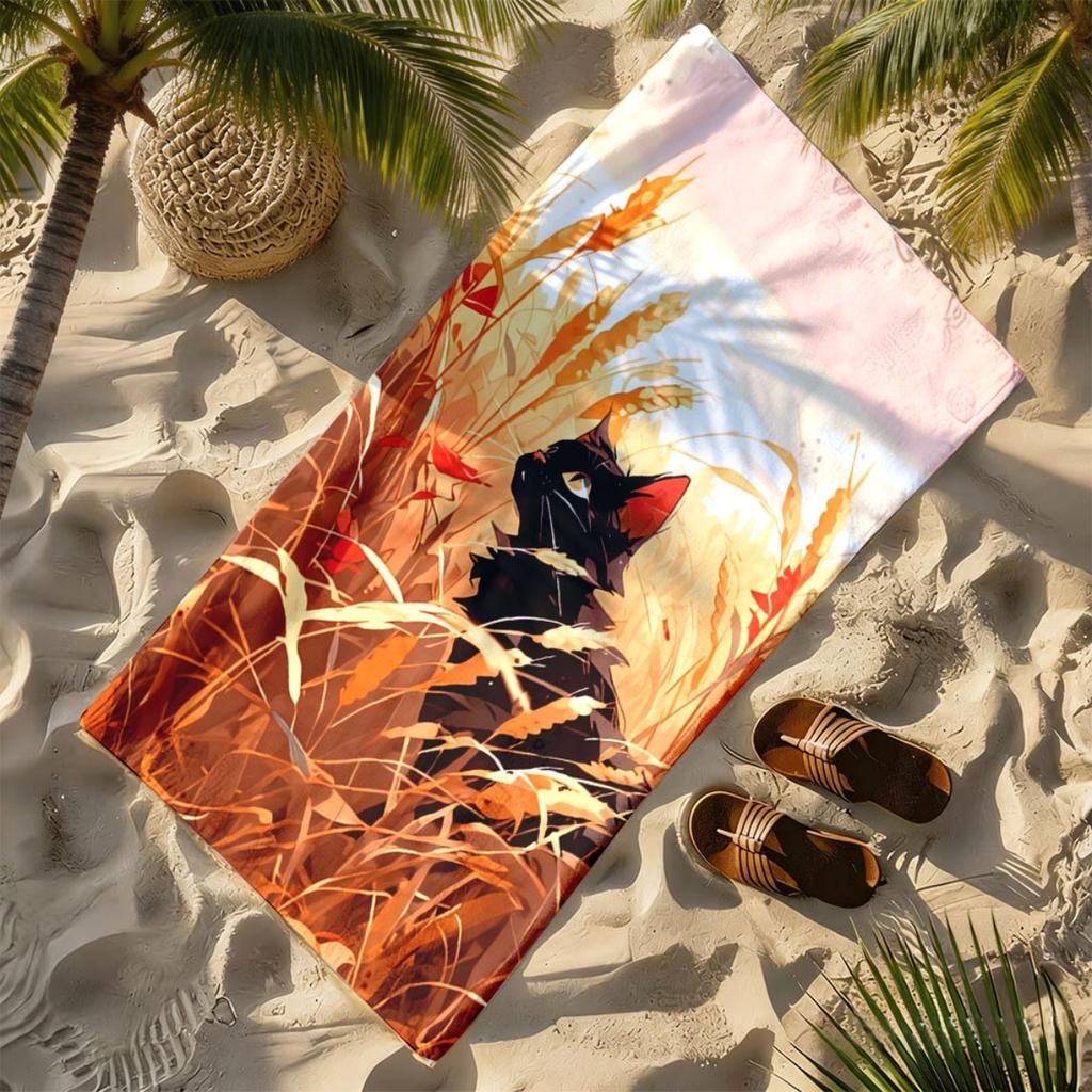 Sonnenuntergang in Aquarell-Optik schwarze Katze Polyester-Mikrofaser Strandtuch ist hochsaugfähig, geeignet für Schwimm- und Strandausflüge
