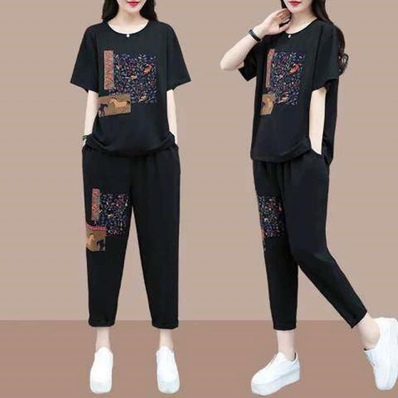 Women's 2Pcs/Set Sport Outfit Popular Stretchy Loose Outfit Mid-aged Mother Casual Printing Loose Tracksuit Daily Garment