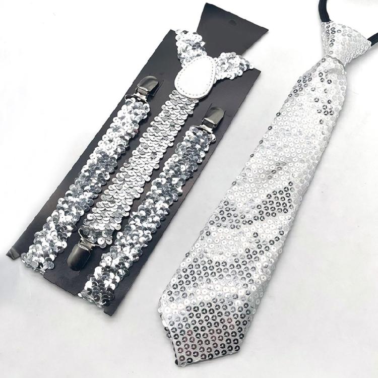 Stylish Sequined Suspenders for Men with Neck Tie Multiuse Costume Accessory Brace for Weddings and Holiday Celebration