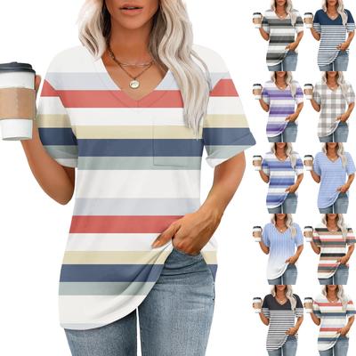 Модный топ с карманом, V-образным вырезом, коротким рукавом, полосатым принтом, футболка