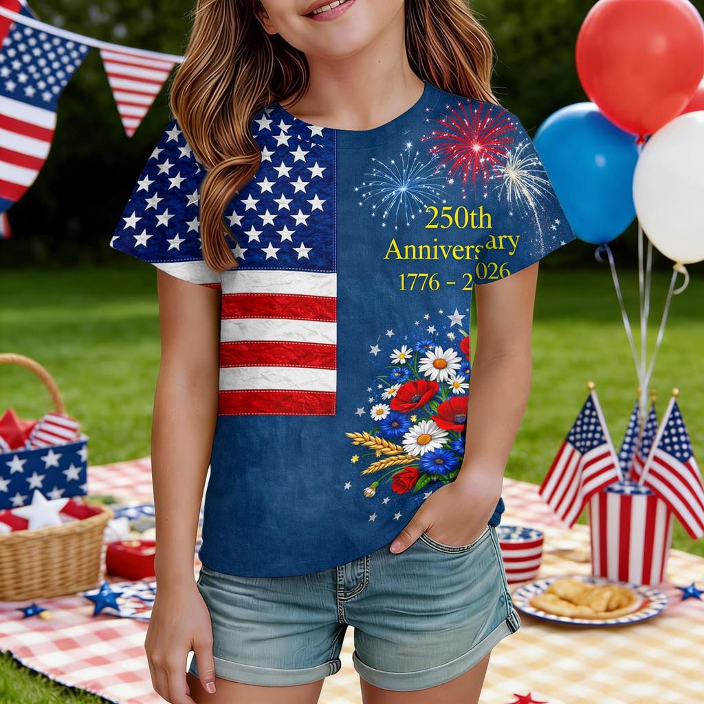 Kids Independence Day Print Round Neck Short Sleeve Casual T-shirt