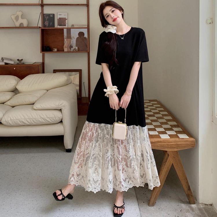 Vintage Lace Spliced Oversized Long Dress for Women Plus Size Summer Casual Loose Basic Dress