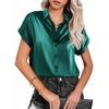 Women Turn Down Collar Satin Blouse Rolled Short Sleeve Button Down Loose Casual Elegant Office Tops