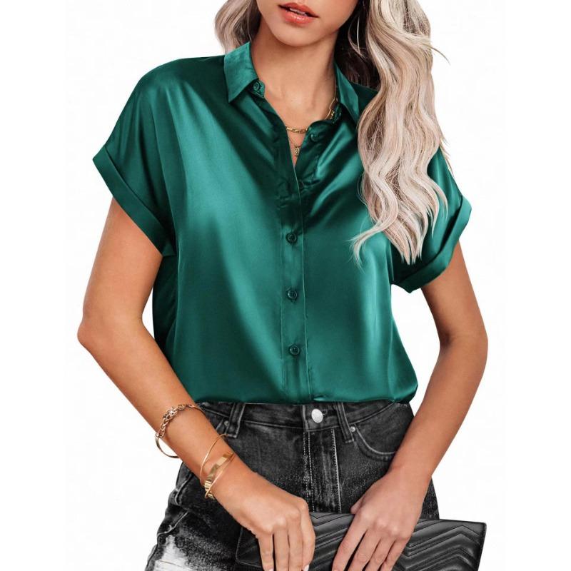 Women Turn Down Collar Satin Blouse Rolled Short Sleeve Button Down Loose Casual Elegant Office Tops