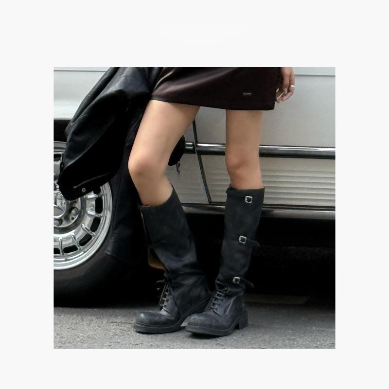 Versatile Skinny Long Boots Lace-up Platform Martin Boots Boots Women's Thick Heel Boots Motorcycle Knight Boots Tall Boots