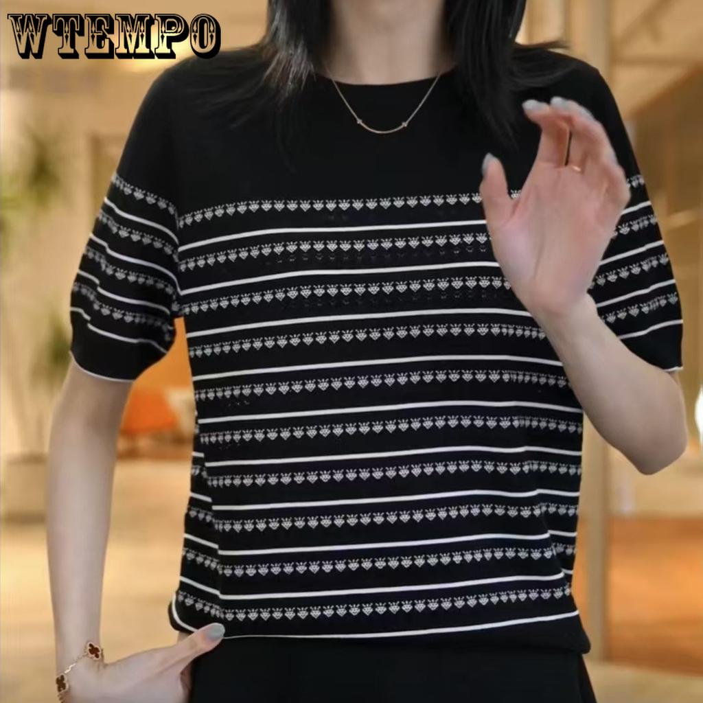 Women's Striped Knitted Shirt Ice Silk Short Sleeve T-shirt Summer Loose Top