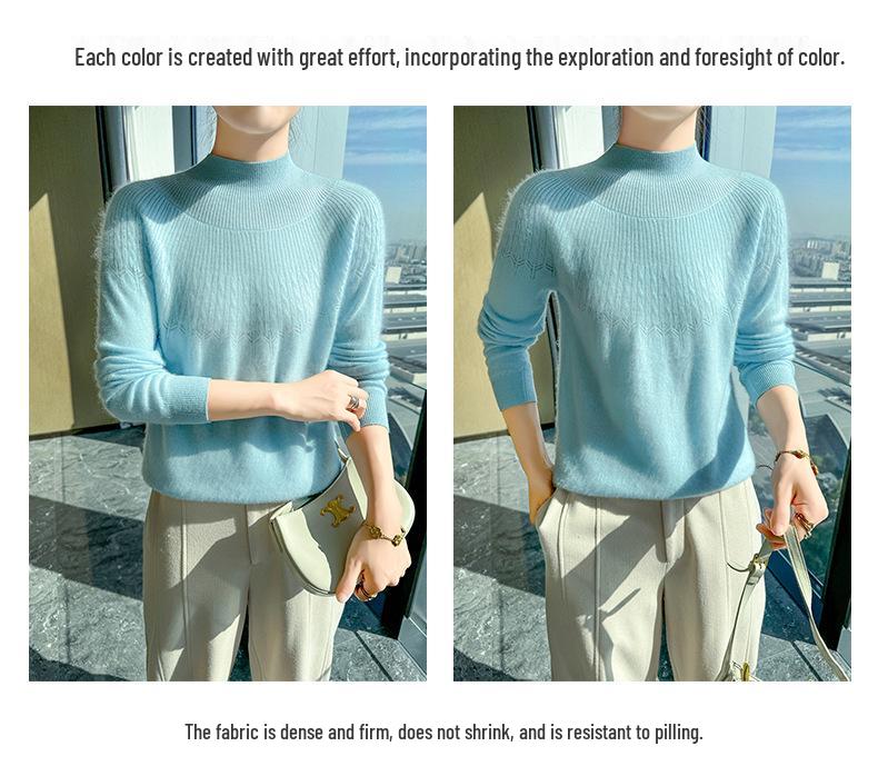 2024 Autumn/Winter Women's Thick Wool Knitwear: Solid Color Jacquard Half-Turtleneck Loose Base Layer Sweater
