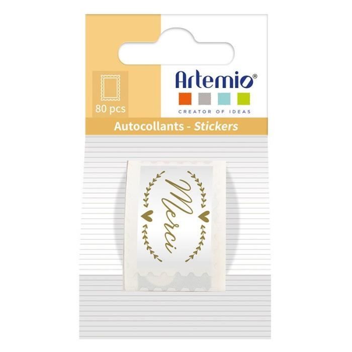 Stickers Merci - ARTEMIO - 80 autocollants rectangulaires blancs en rouleau