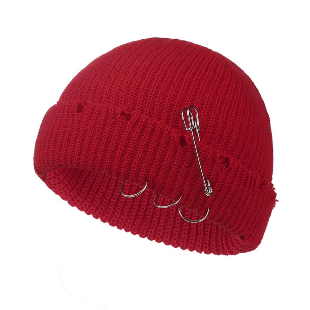Fall And Winter Trendy Solid Color Safety Pin Iron Ring Knitted Wool Hat, Vintage Holey Pullover Wool Hat