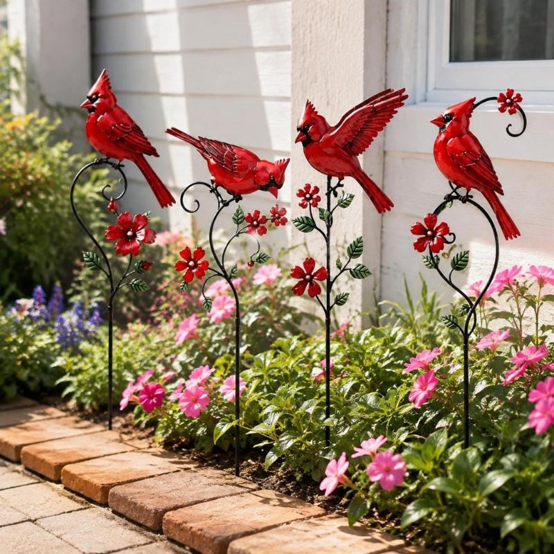 Outdoor Garden Bird Stakes Set of 4 Piece in Metal for Lawn and Soil Display, Red Yard Design for Front Yard Home Use with Bird Theme Across Home Yard