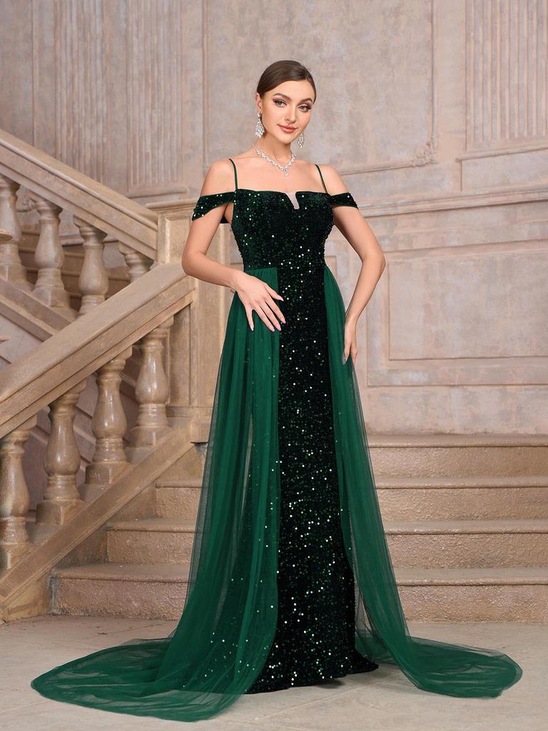 Elegantes Damen Pailletten Abendkleid mit langer Schleppe für Hochzeitsfeier & Abschlussball