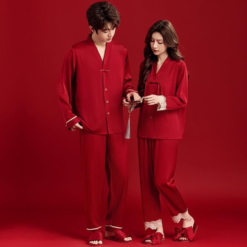 Couple's Chinese Style Pajama Set Long Sleeve Ice Silk Red Sleepwear Men’s Spring Autumn Wedding Gift Loungewear