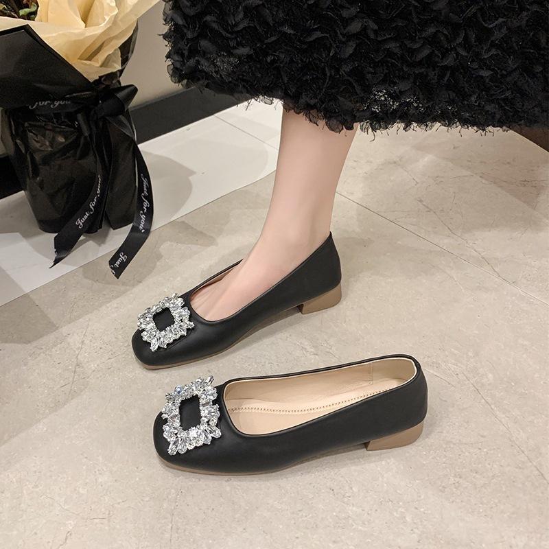 Soft leather soft bottom rhinestone women's shoes 2025 new fashion casual not tired feet flat bottom shallow mouth square head one pedal single shoes